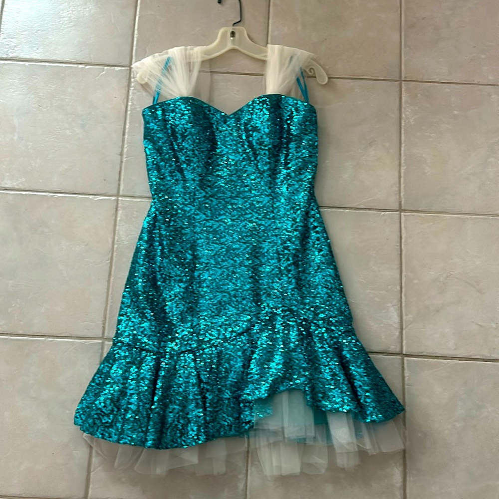 Cocktail Dress sequined. Turquoise. Mesh straps & frothy lower ruffle. Gorgeous.